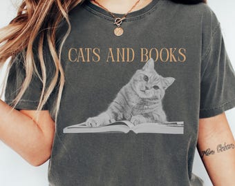 Cats and Books Shirt, Book Lover Cat Tee, Cute Reading Cat Shirt, Bookish Graphic Tee, Bibliophile Gift, Librarian Gift, Cat Mom Tee