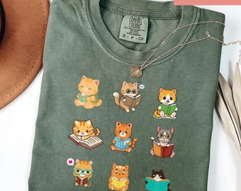 Funny Cat Reading Shirt, Cute Cats with Books Tee, Cat Lover Gift, Funny Animal Graphic Tee, Book Lover Cat Shirt, Gift for Cat Mom