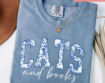 Cats and Books Shirt, Floral Bookish Tshirt, Book Lover Tee, Bibliophile Gift, Reader Shirt, Cat Mom Gift, Librarian Teacher Tee