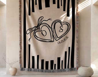 Personalized Anniversary Woven Blanket, Custom Wedding Couple Initials Throw, Family Name & Wedding Date Gift, Cotton Blanket for Couples
