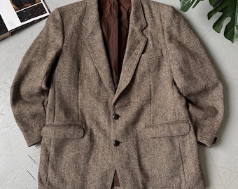Blazer vintage de lana Harris Tweed marrón, abrigo deportivo vintage, chaqueta clásica para hombre talla L