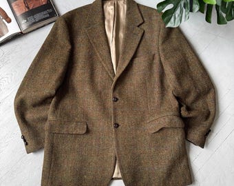 Vintage Harris Tweed Preppy Classic Pure New Wool Blazer Sports Jacket Brown Size XL