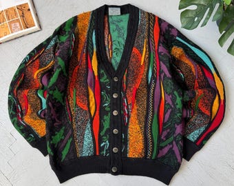 Geocu 3D Knit Cardigan Merino Wool Multi Color Chunky Textured Sweater Size XL