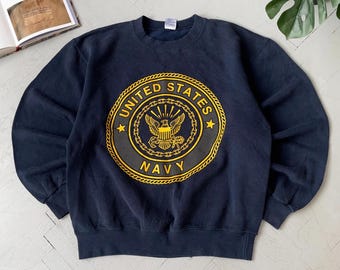 Felpa vintage da uomo della Marina degli Stati Uniti, taglia M, girocollo, blu navy militare con grafica