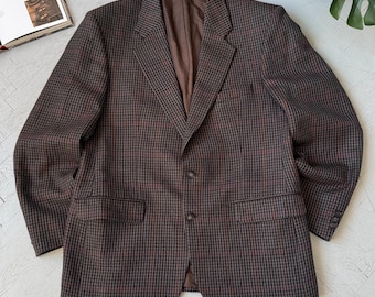 Vintage wollen geruit blazerjas Britse pasvorm preppy klassiek bruin maat M
