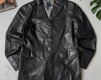 Chaqueta tipo blazer de cuero GAP para hombre, talla M, color negro, estilo vintage. Abrigo de cuero auténtico.