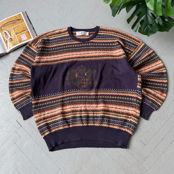 Pringle of Scotland, Vintage Pringle of Scotland XXL Fair Isle Sweater 100% Cotton Purple Multicolor Knit Made in Scotland