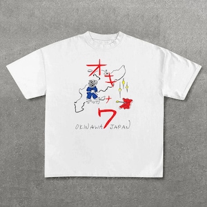 May include: White t-shirt featuring a graphic design with Japanese text, a map outline, and the words "OKINAWA JAPAN". The design includes red and black elements, with a cartoon figure and a red flower.