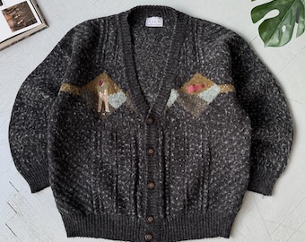 Vintage Chunky Knit Cardigan Golf Theme Wool Blend Preppy Brown Black Size L