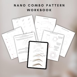 May include: A workbook titled "NANO COMBO PATTERN WORKBOOK" with several white pages featuring diagrams and text, along with a black tablet displaying a brow design. The pages include diagrams for brow design and practice exercises.