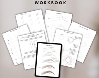 May include: A workbook titled "NANO COMBO PATTERN WORKBOOK" with several white pages featuring diagrams and text, along with a black tablet displaying a brow design. The pages include diagrams for brow design and practice exercises.