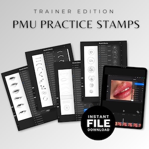 Puede incluir: Una descarga digital de sellos de práctica de PMU para entrenamiento. La imagen muestra la pantalla de una tableta que muestra un primer plano de un labio con un delineador de labios rosa y un fondo negro. El texto "TRAINER EDITION" y "PMU PRACTICE STAMPS" se muestra en la parte superior de la imagen. El texto "INSTANT FILE DOWNLOAD" se muestra en un círculo negro en la parte inferior de la imagen.