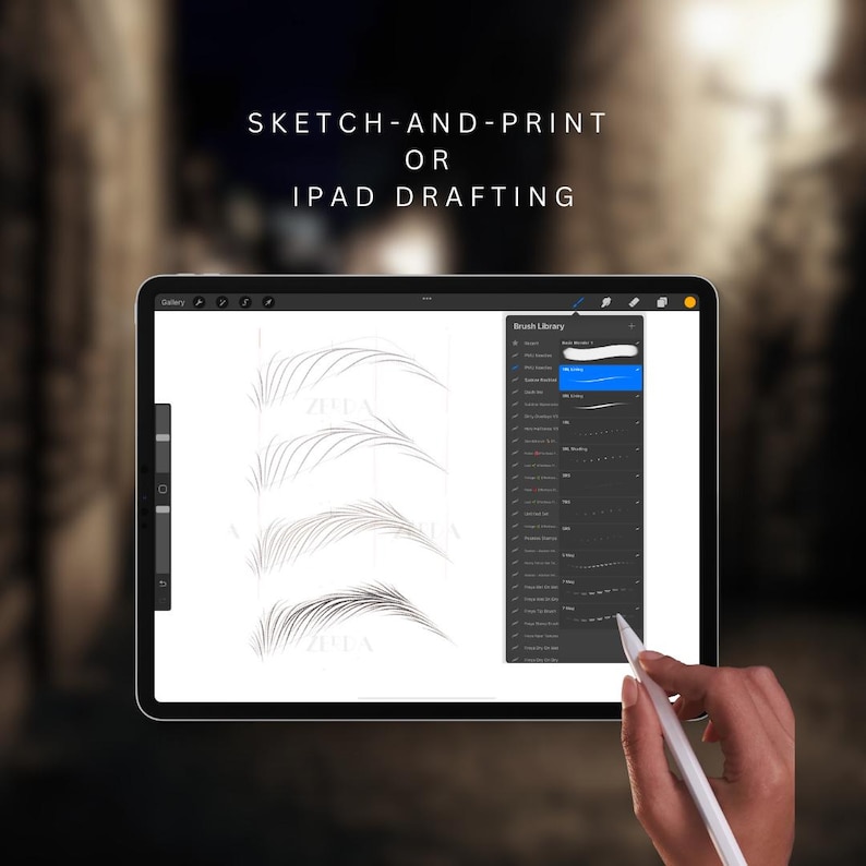 May include: A digital drawing tablet with a stylus, showing a brush library and a drawing of several eyebrow shapes. The text "Sketch-and-Print or iPad Drafting" is displayed at the top of the screen.