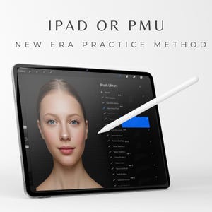 May include: A white iPad with a black screen displaying a digital art app with a brush library and a woman's face. A white Apple Pencil is hovering over the screen.