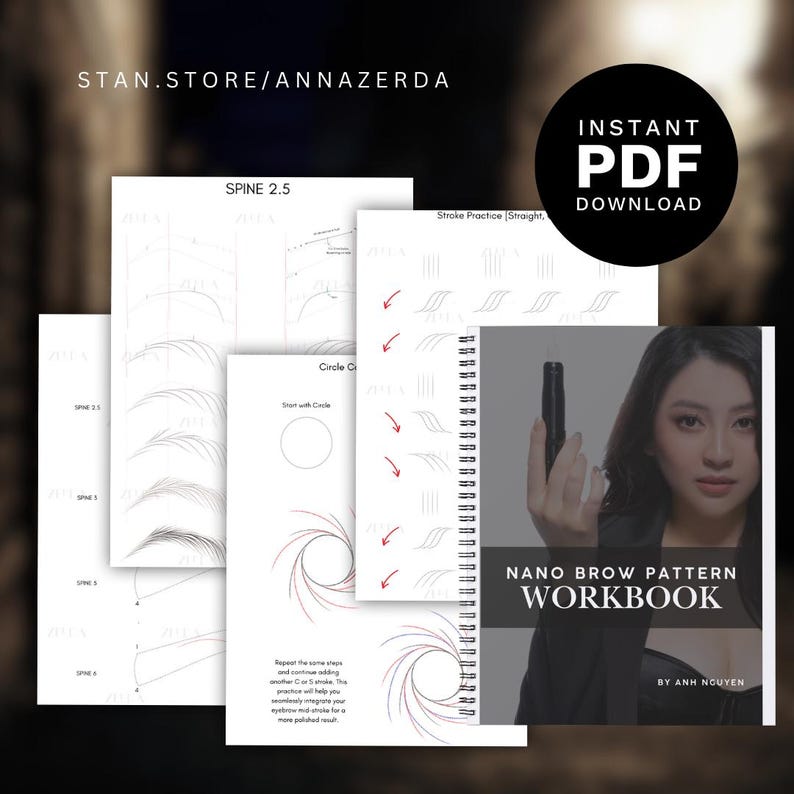 May include: A black and white workbook with the title "Nano Brow Pattern Workbook" by Anh Nguyen. The cover features a woman holding a black pen and a spiral bound notebook with pages of brow shaping exercises.