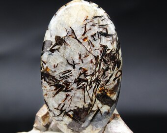 Natural Astrophyllite on Albite handmade oval cabochon Khibiny mountains for wire wrap, jewelry making