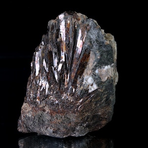 May include: A close-up of a mineral specimen with a dark, reflective surface. The rock has a layered structure with a mix of dark brown, black, and silver tones. The mineral's crystalline structure is visible, with sharp, elongated formations.