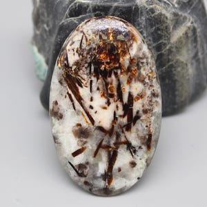 May include: An oval-shaped gemstone with a mix of white, brown, and gold inclusions. The polished stone has a translucent quality, with dark brown needle-like structures and gold flecks throughout. The background features a dark, textured rock.