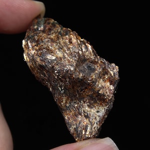 May include: A close-up of a rough, irregularly shaped mineral specimen. The rock has a dark brown base color with shimmering gold and bronze flecks throughout. The surface has a textured, layered appearance, with visible crystalline structures.