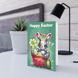Cartões de Páscoa caprichosos, Cartões de Natal divertidos, Design de coelho robô, Celebrações de primavera, Cartões de presente para crianças
