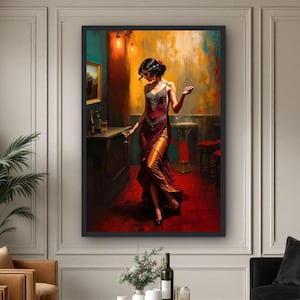 May include: An interior shot features a large framed painting of a woman in a red and gold dress. The painting hangs above a pair of tan armchairs and a black sofa. The room has a black and white checkered floor and a round coffee table.