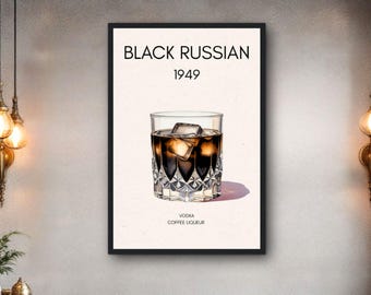 May include: A framed print featuring a Black Russian cocktail illustration. The artwork displays a detailed glass of the drink with ice cubes, and the text "BLACK RUSSIAN 1949". The background is a neutral beige, and the frame is black.