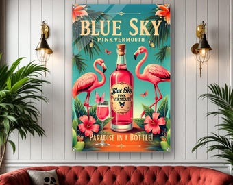 Vintage Pink Flamingo Bar Art Print: Tropical Cocktail Tiki Decor