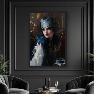 May include: A framed portrait of a woman in a flapper-style outfit, with a blue and white feathered shawl and a jeweled headband. The painting has a dark, moody color palette with gold accents. The background is blurred, suggesting a vintage aesthetic.