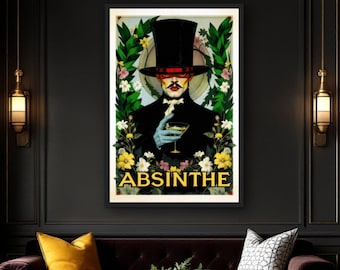May include: A framed vintage Absinthe advertisement. The artwork features a man in a top hat and suit holding a cocktail, surrounded by flowers and foliage. The word "ABSINTHE" is displayed in gold lettering at the bottom of the image.