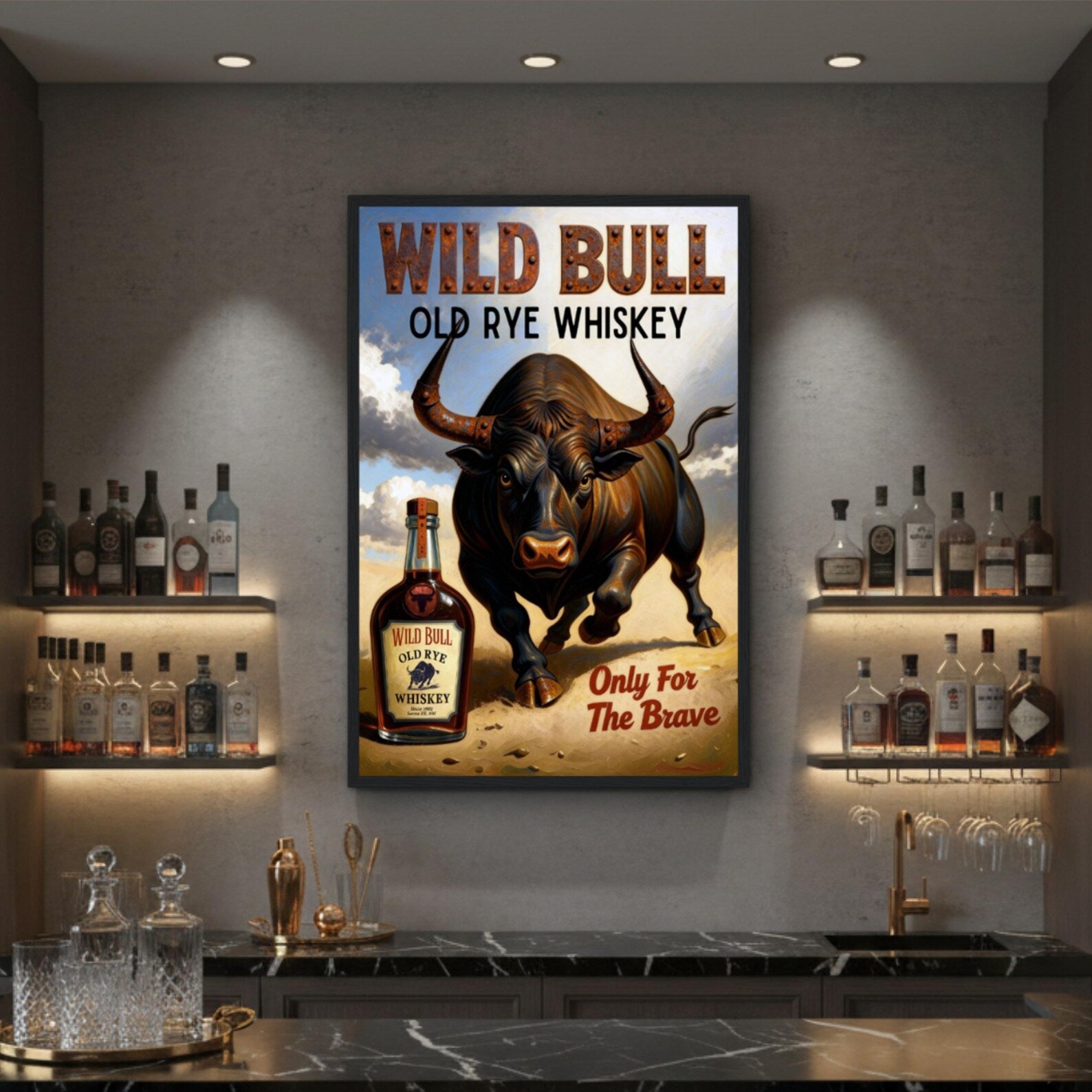 Wild Bull Old West Rye Whiskey Bar Poster Print - Man Cave Wall Decor ...