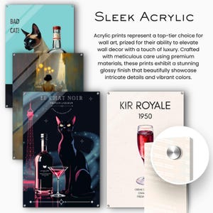 May include: Sleek acrylic wall art prints featuring a cat, a bottle, and a cocktail. The prints have a glossy finish and showcase vibrant colors. The text on the prints includes "BAD CAT!", "LE CHAT NOIR FRENCH LIQUEUR", and "KIR ROYALE 1950".