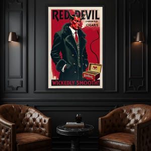 May include: A framed vintage advertisement for "Red Devil" cigars. The artwork features a red devil figure in a black coat, smoking a cigar, with the text "WICKEDLY SMOOTH!" and "IMPORTED CIGARS". The image is set against a red background.