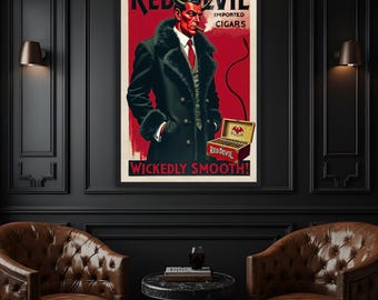 Red Devil Retro Cigar Art Print – Vintage Art Deco Bar Decor