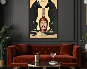 May include: A framed art print depicting two black wolves either side of a brandy bottle. The bottle is brown with a label reading "Due Lupi". The artwork has a vintage style, with text reading "Two Wolves" and "Brandy di Roma".