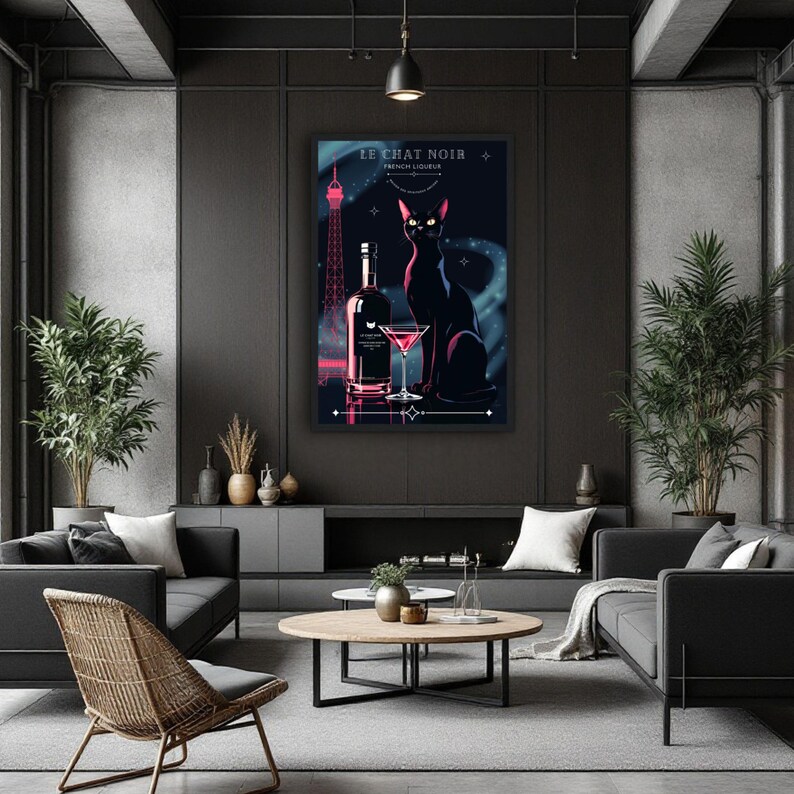 May include: A framed art print featuring a black cat, a bottle, and a cocktail glass. The print has the words "LE CHAT NOIR" and "FRENCH LIQUEUR". The background includes the Eiffel Tower and a starry night sky. The print is displayed in a modern living room.