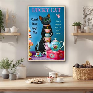 Turkatt Vintage Tea Art Print - Retro Svart Kattunge Kök Väggdekoration