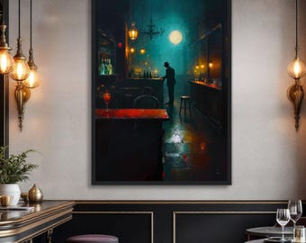 May include: A framed painting depicts a dimly lit bar scene. A figure in a hat stands at the bar under a large moon. The bar has a red countertop and is lined with bottles. Warm light fixtures hang from the ceiling.