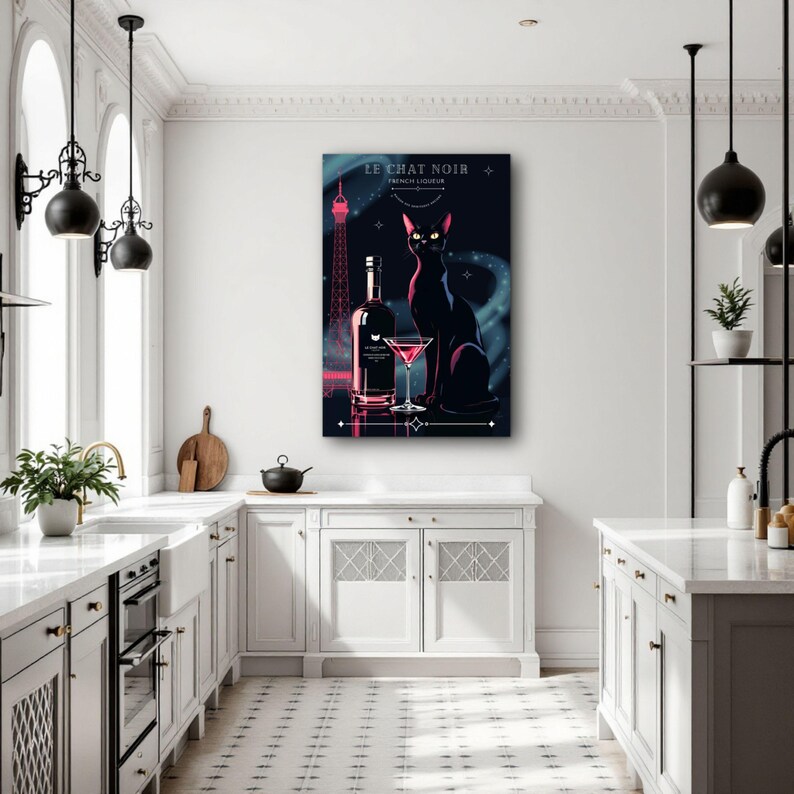 May include: A framed art print featuring a black cat, a bottle, and a cocktail glass. The artwork has a dark background with the text "LE CHAT NOIR FRENCH LIQUEUR". The Eiffel Tower is also visible in the background.