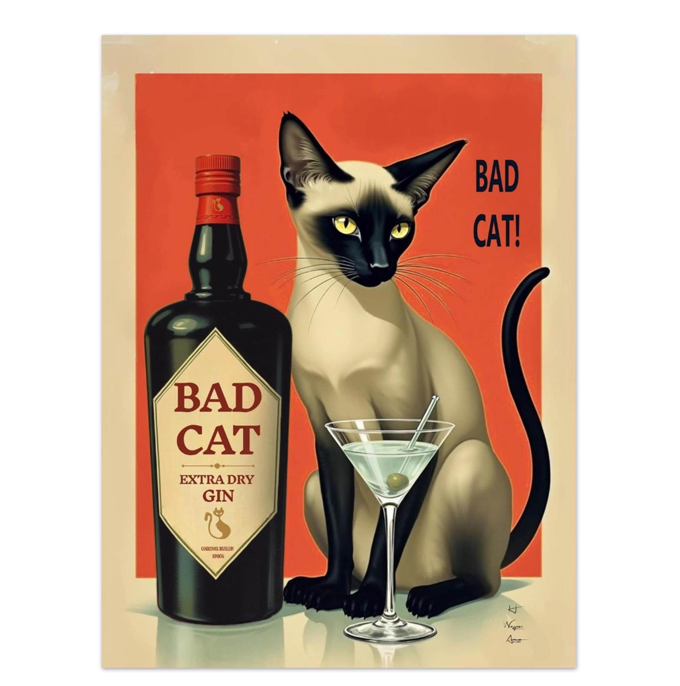 Impression d'affiche d'art cocktail gin martini chat siamois – Déco murale rétro bar vintage