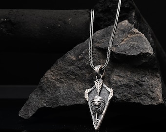 925 Oxidized Silver Lion Arrow Pendant Necklace | Handmade Men Jewelry | Lion Necklace for | Men Gothic Silver Pendant Gift for Him