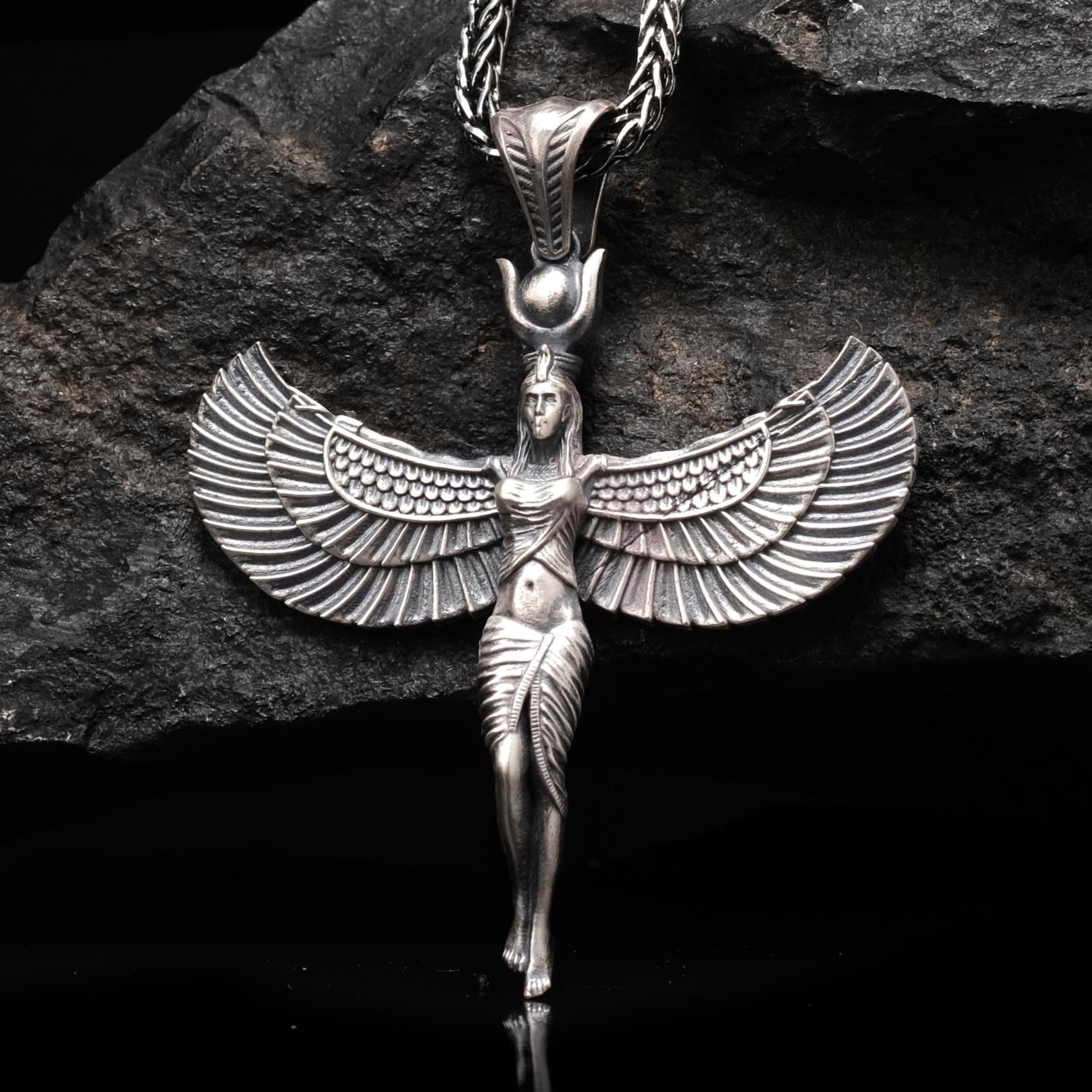 Egyptian Isis Winged Goddess Pendant Necklace in Antiqued Silver – Protection Amulet, Pagan Jewelry, Mystical Statement Gift for Her