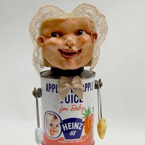 Assemblage Art Doll Vintage Baby Infant Apple Juice Can