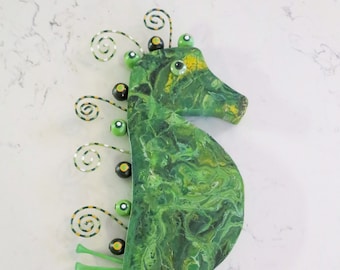 Mixed Media Wood Assemblage Seahorse Pour Paint Flowing Lime and Green Design