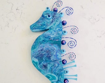 Mixed Media Wood Assemblage Seahorse Pour Paint Blue and Aqua Design