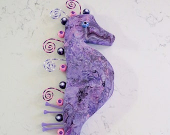 Mixed Media Wood Assemblage Seahorse Pour Paint Flowing Lavender and Purple Design