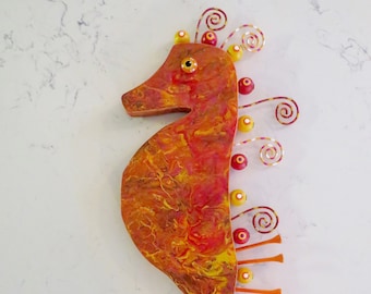 Mixed Media Wood Assemblage Seahorse Pour Paint Flowing Orange and Red Design