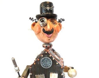 Assemblage Art Mixed Media Mr. Steamy Steampunk Man of the "House Guest" Character