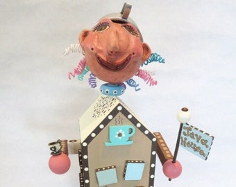 Assemblage Art Mixed Media Coffee Shop Java "House Guest" Character