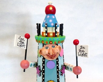 Assemblage Art Mixed Media Be The Light Lighthouse "House Guest" Character