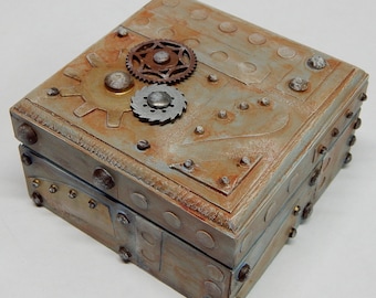 Steampunk Style Treasure Box Small Jewelry Assemblage Light Blue